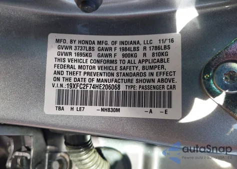 2017 Honda Civic Ex из США, поврежденный, VIN 19XFC2F74HE206068